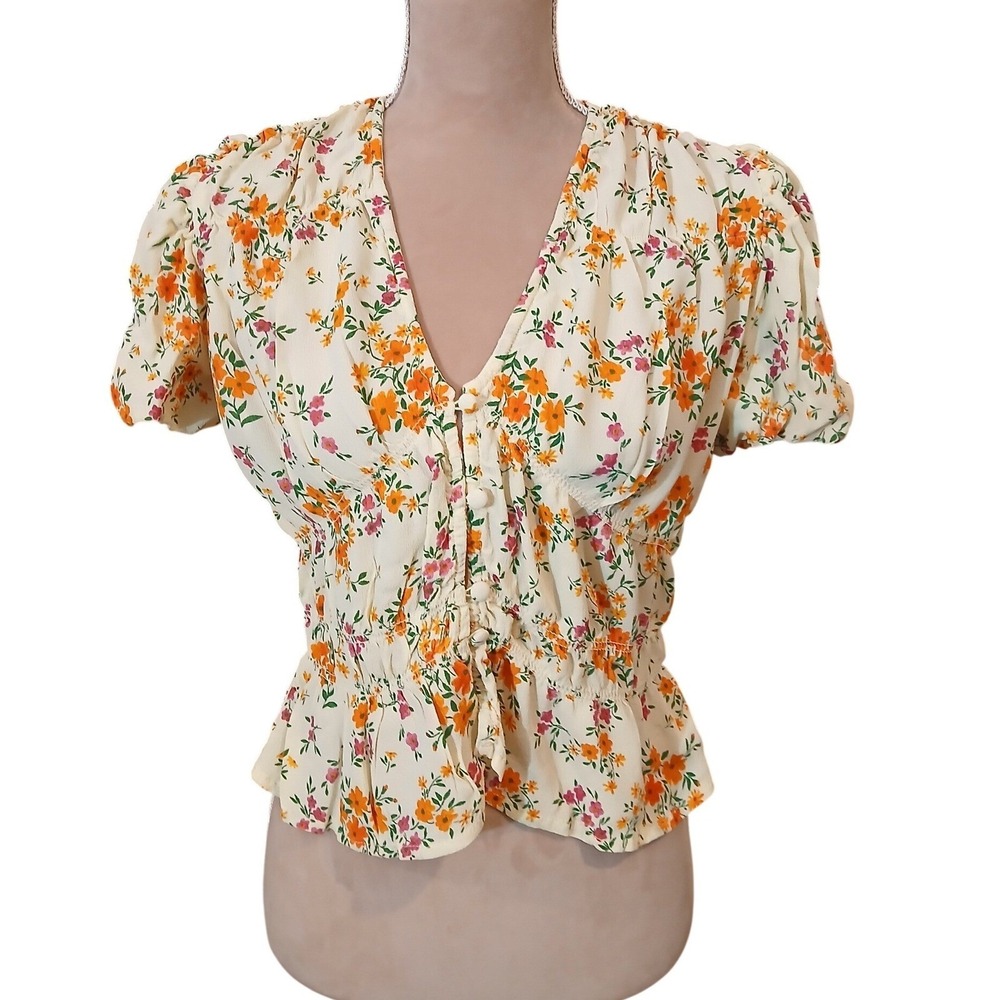 ASOS DESIGN Yellow Floral Smocked Peplum V Neck Short Sleeve Blouse Top US 6